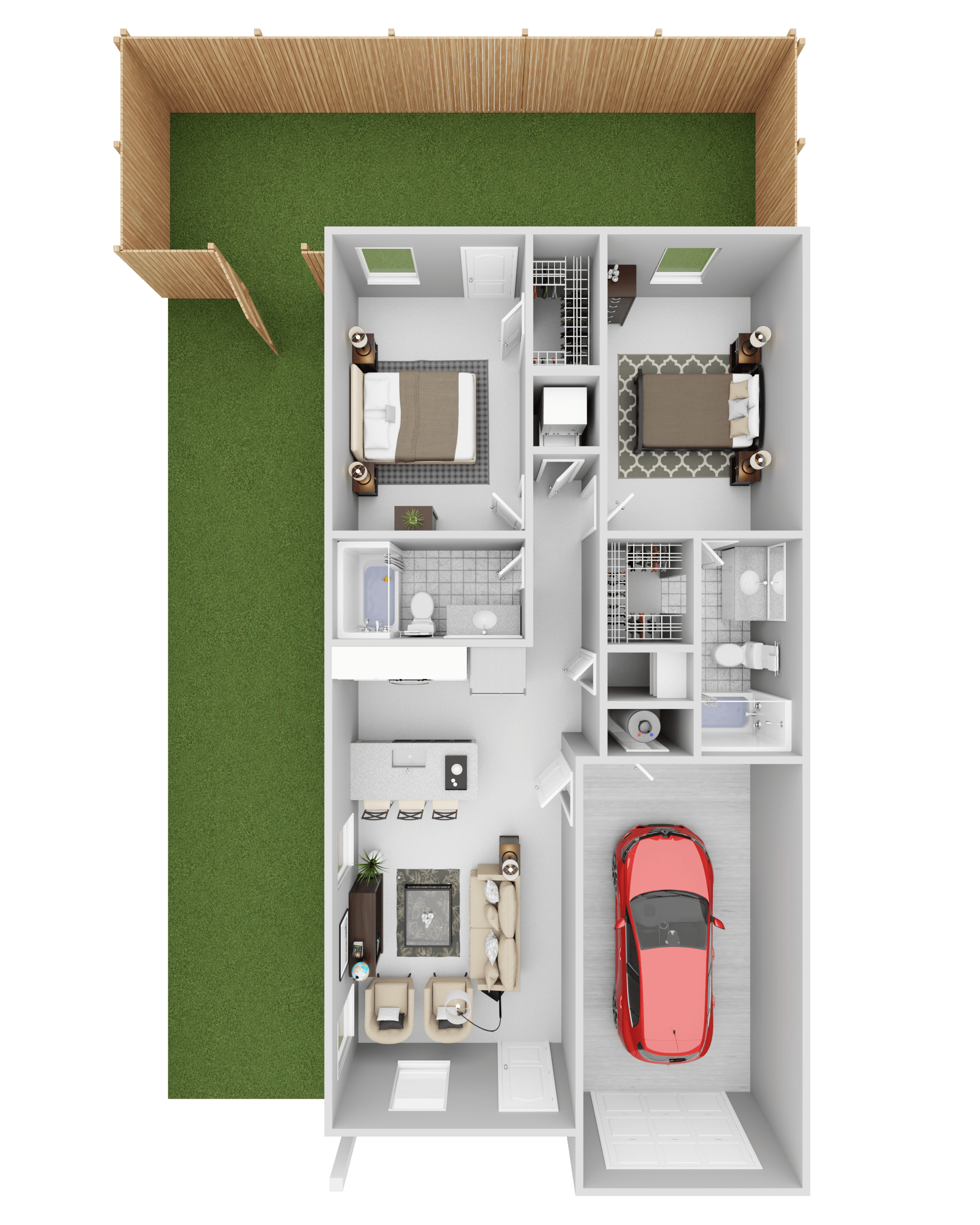 A 3D floor plan of a small apartment with a kitchen